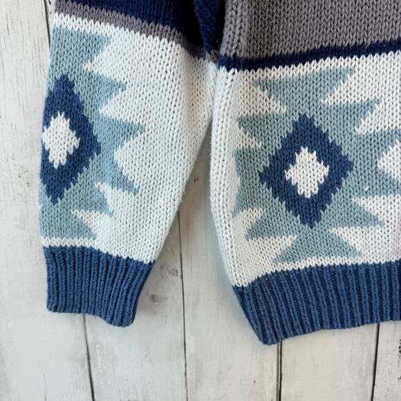 VTG Cafe Blue/White Southwest Aztec Striped Knit Crewneck Sweater Size Medium - Picture 9 of 12